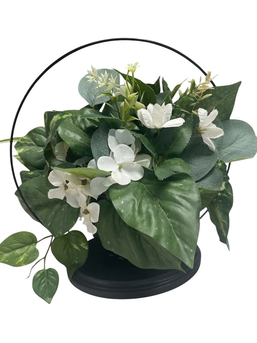 Handmade Faux Floral Arrangement Black Metal Hoop Wood Base 12”
